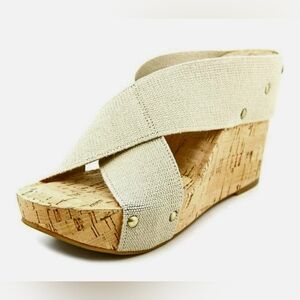 Like New Lucky Brand Women's Miller 2 Linen Strap Cork Wedge Sandals Tan Size 7M